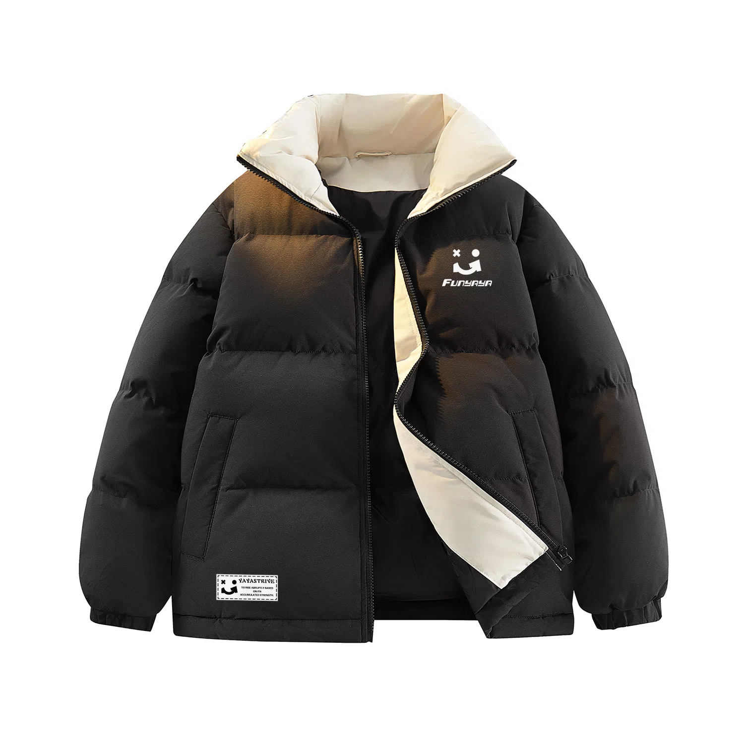 鸭鸭 创意笑脸字母刻字膜简约时尚设计运动休闲美式复古潮流户外撞色立领防风防寒宽松舒适百搭通勤保暖羽绒服 男女同款