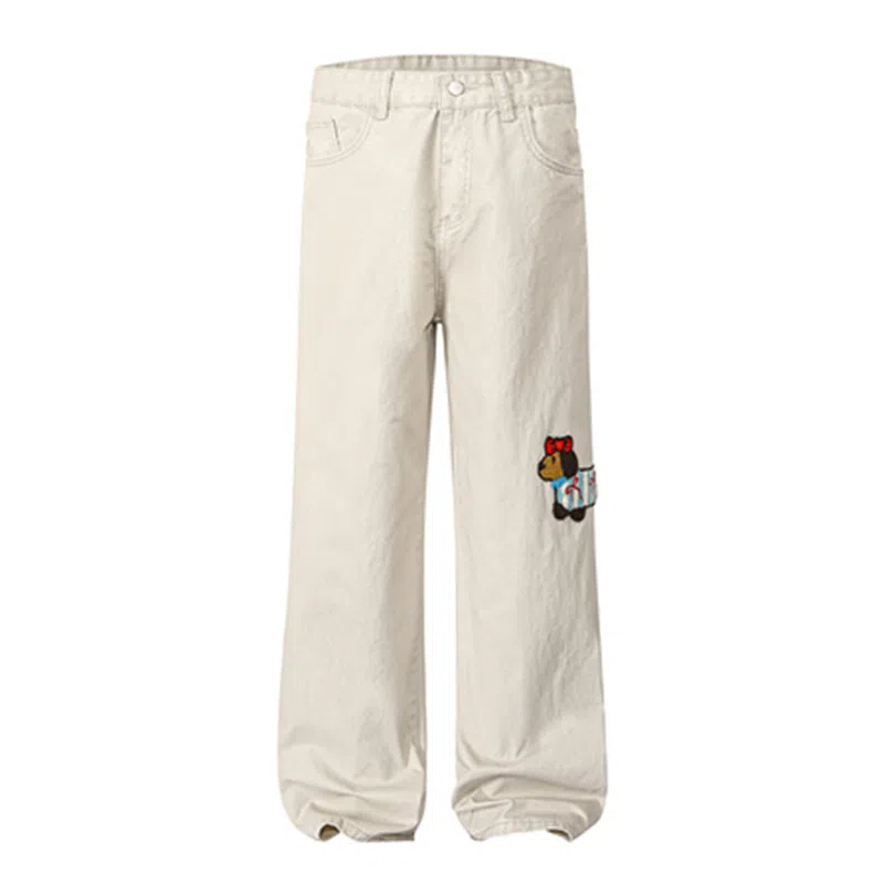 顶峰保罗 美式腊肠小狗刺绣直筒阔腿长裤百搭宽松重磅情侣潮牌凉感透气设计感显瘦显高休闲裤 男女同款
