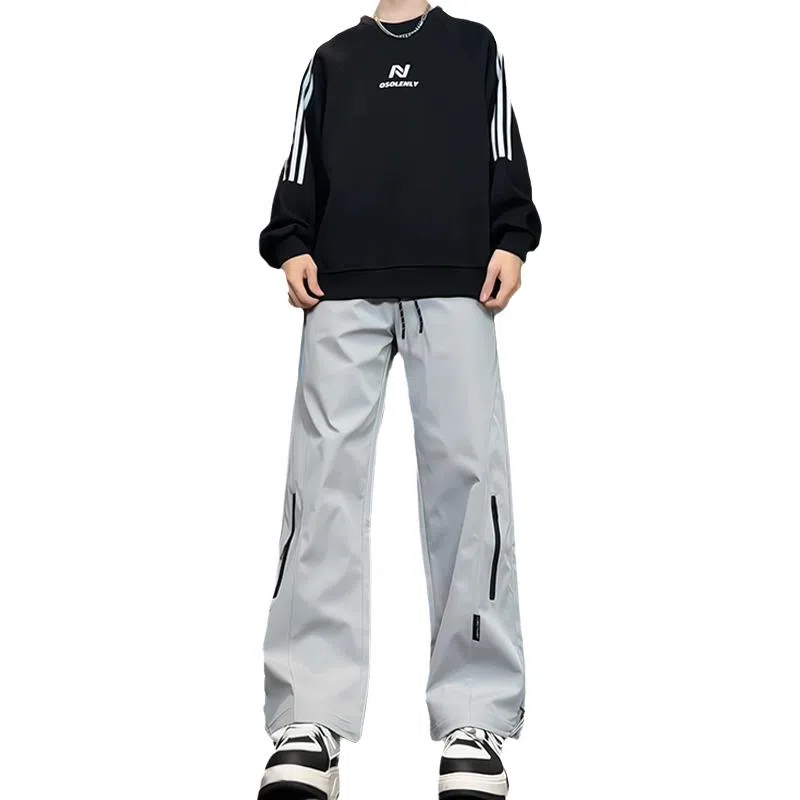 八哥 美式高街侧拉链褶皱款防水户外机能冲锋纯色基础款冰丝凉感宽松直筒垂直微喇休闲裤 男女同款