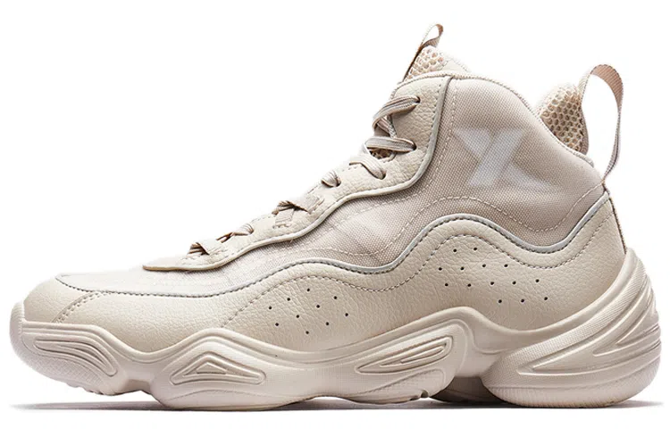 特步 潮流百搭 防滑耐磨 高帮 老爹鞋 男款 米色