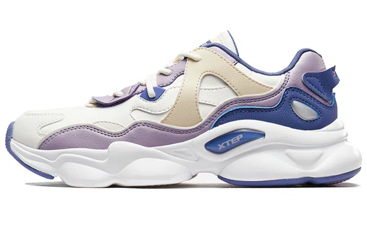 Xtep Fashion Leather Low Dad Shoes Women Beige Purple