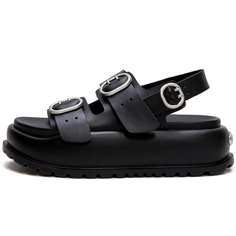 杰骤 头层牛皮 松糕厚底 沙滩凉鞋 女款 黑色