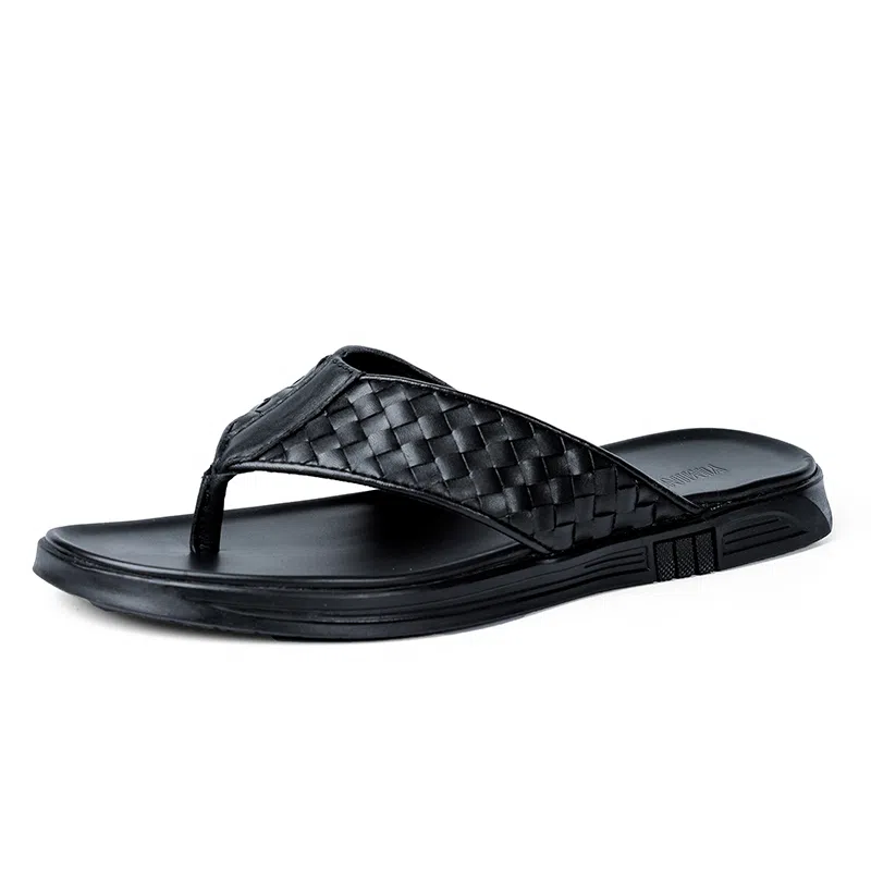 依米奴 轻奢大牌推荐 编织风 高颜值 潮流百搭 年轻气质 舒适柔软 细腻 职场会议 简约精致 高级感 橡胶底 防磨人字拖鞋 男款 黑色