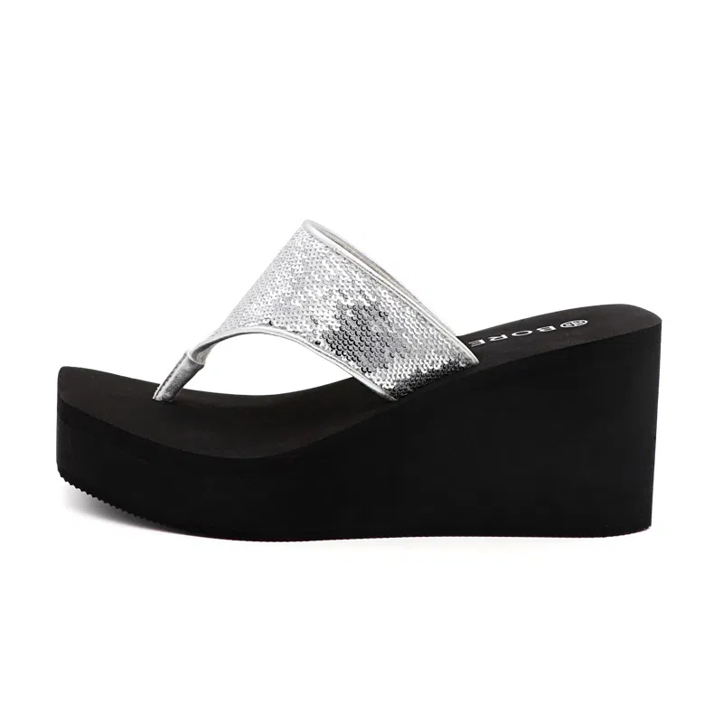 宝人 个性厚底坡跟人字拖鞋 女款 黑色