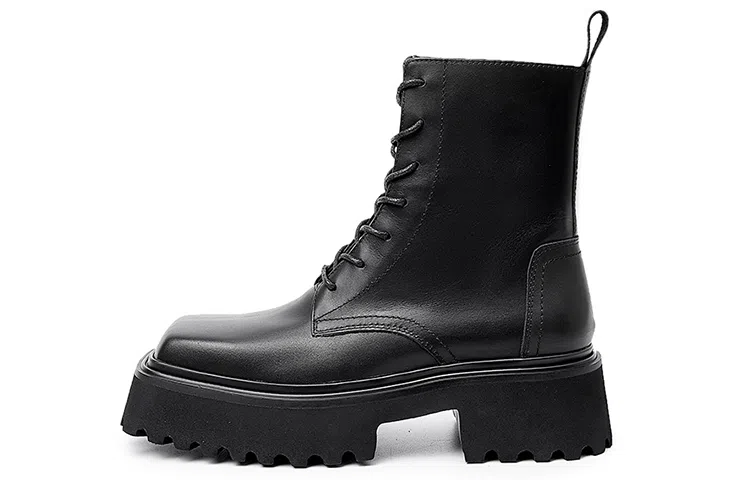 STOOSHE Side Zip Square Toe Platform Martin Boots Black