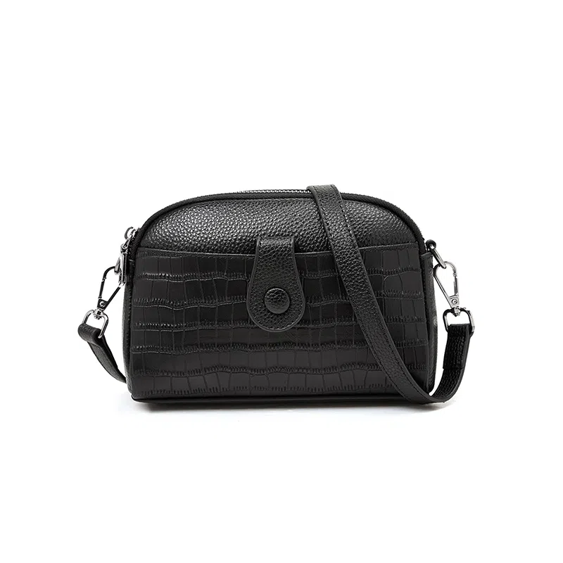 老人头 时尚简约百搭纯色高级质感 牛皮革 单肩斜挎包 女款 黑色