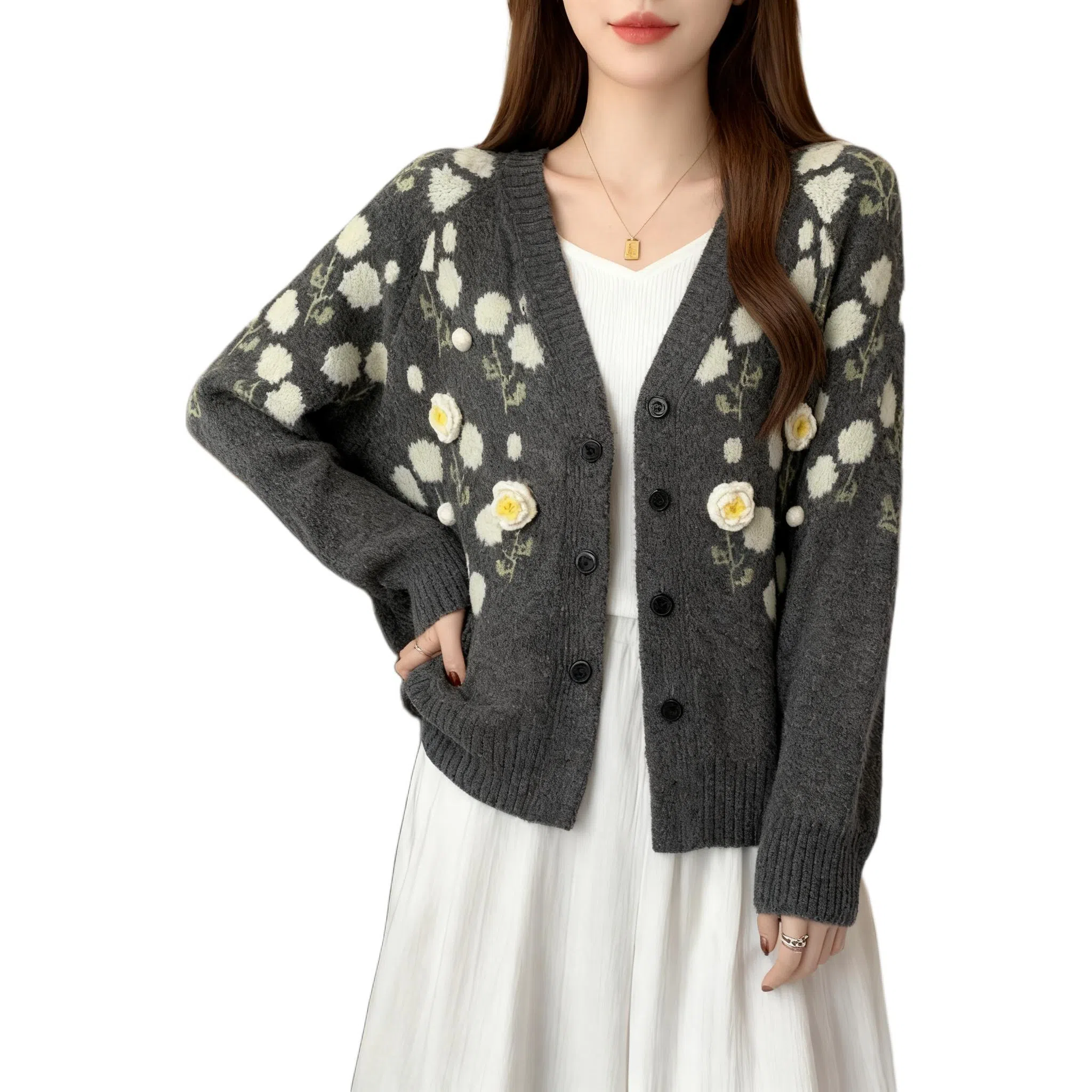 黛尔佳人 植物花卉宽松长袖针织衫 女款