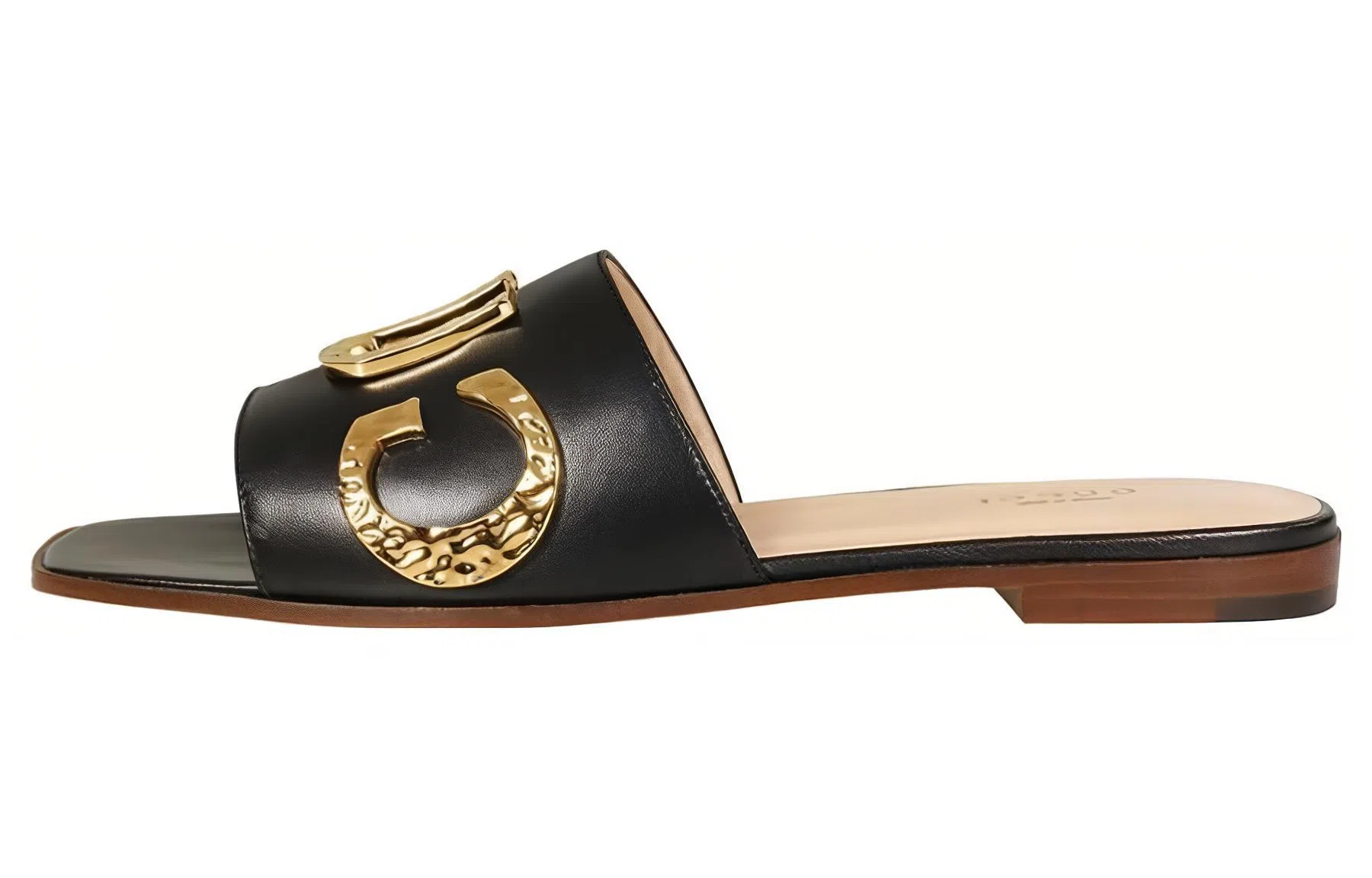 Gucci Leather Logo Slide Sandals Black Gold
