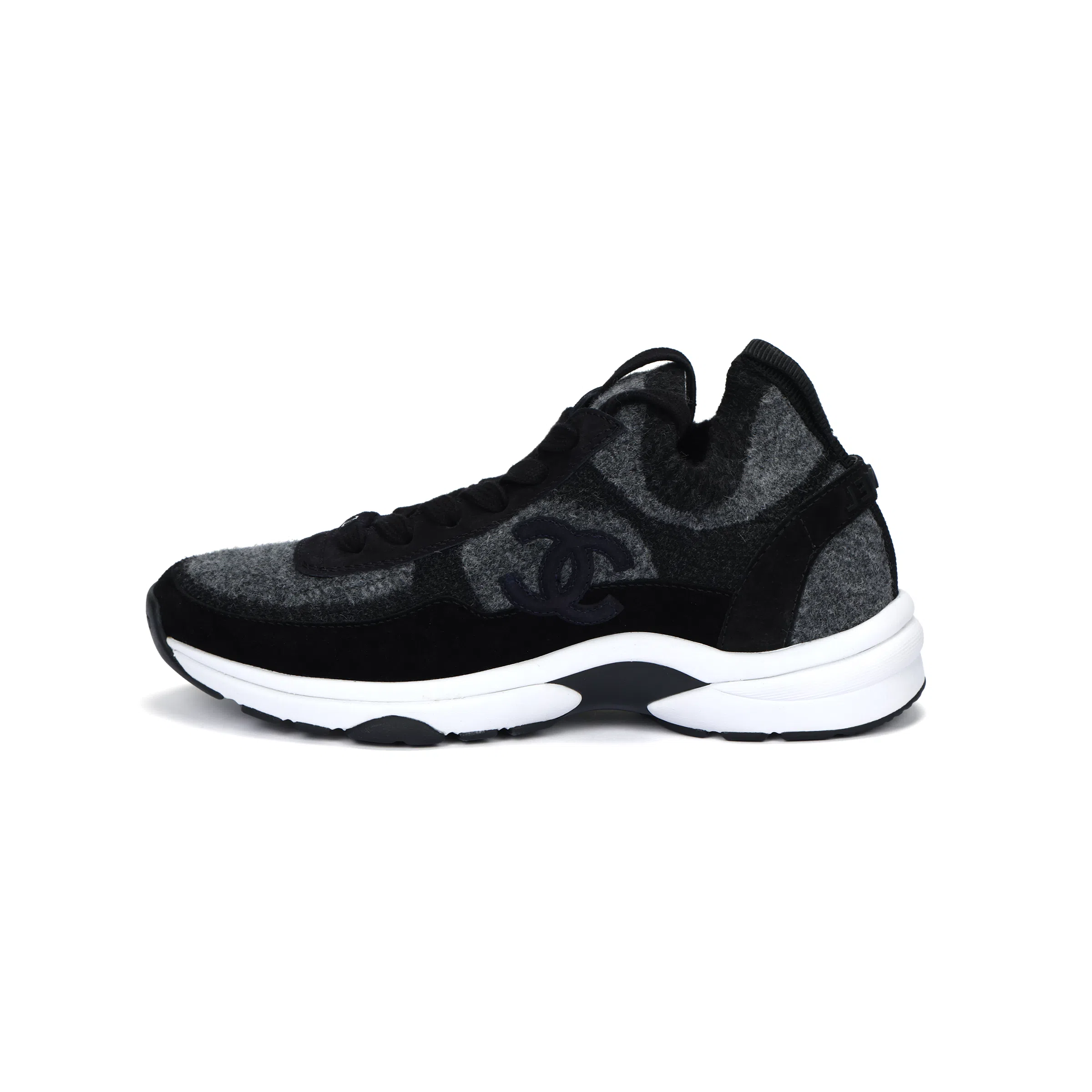 CHANEL Round Toe Lace-Up Low Sneakers Gray Blue