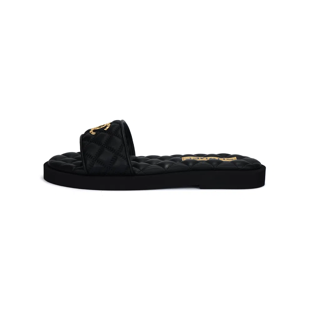 CHANEL Leather Open Toe Flat Sandals Black