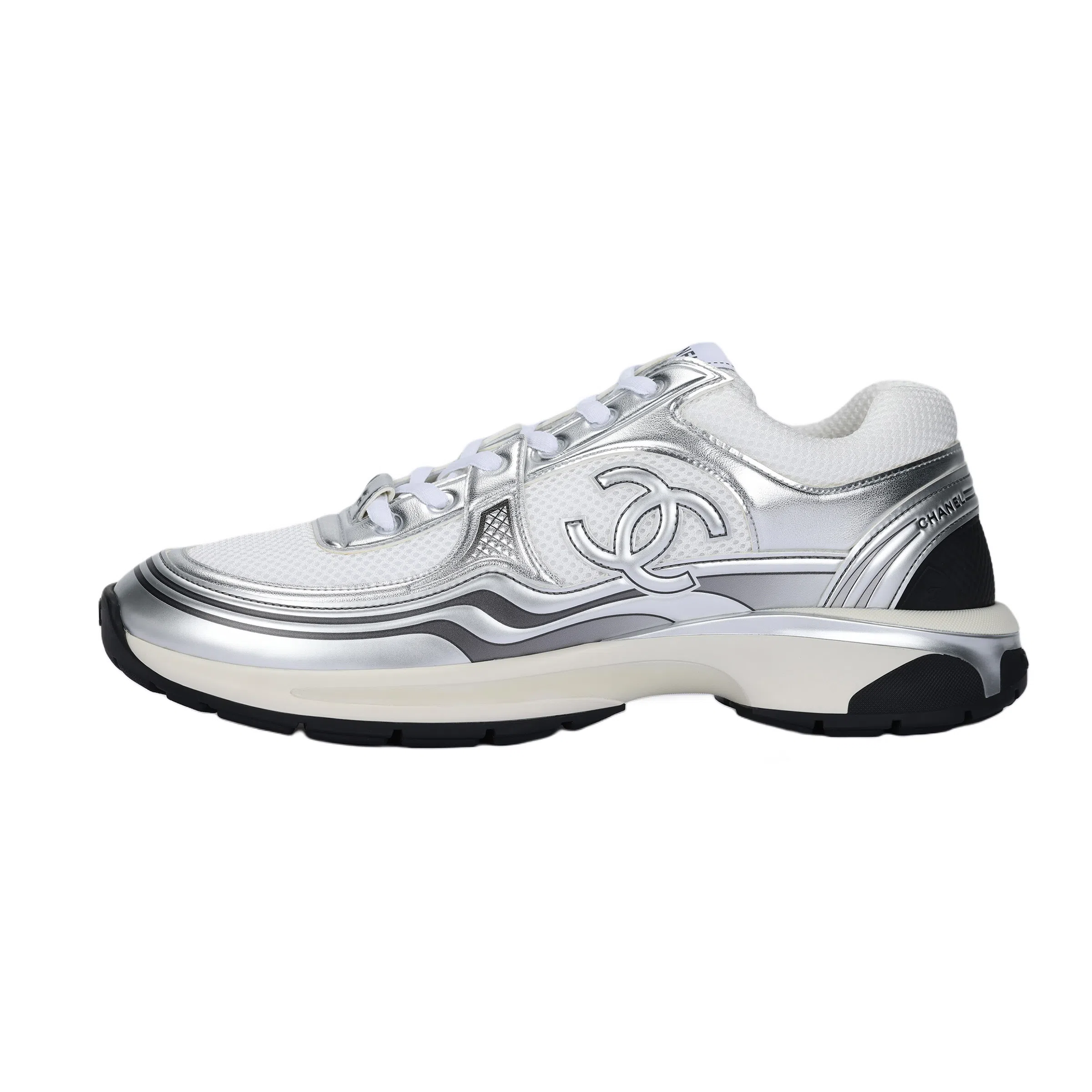 CHANEL Silver Logo Low Sneakers