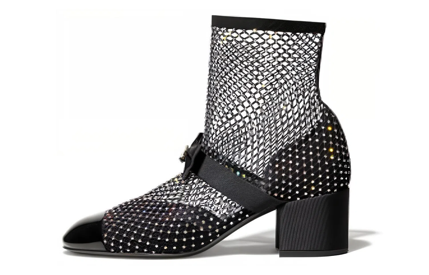 CHANEL Fishnet Sleeve Block Heel Ankle Boots Black