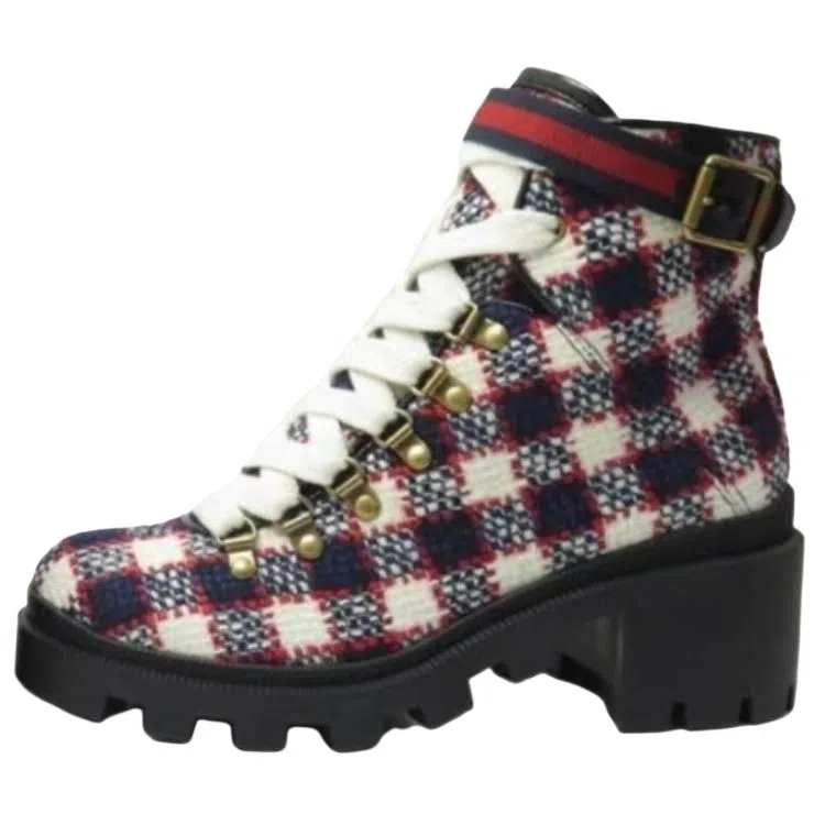 Gucci Round Toe Lace-Up Boots White Red Blue