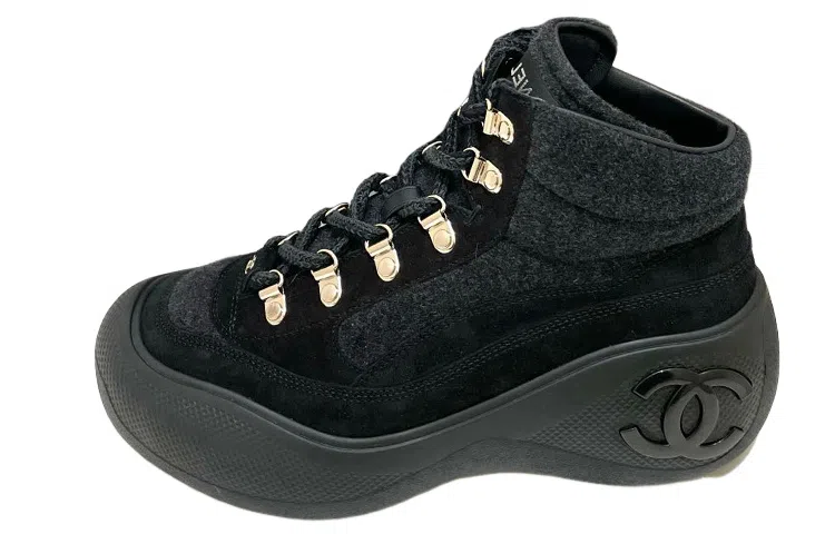 CHANEL Lace-Up Round Toe Ankle Boots Black