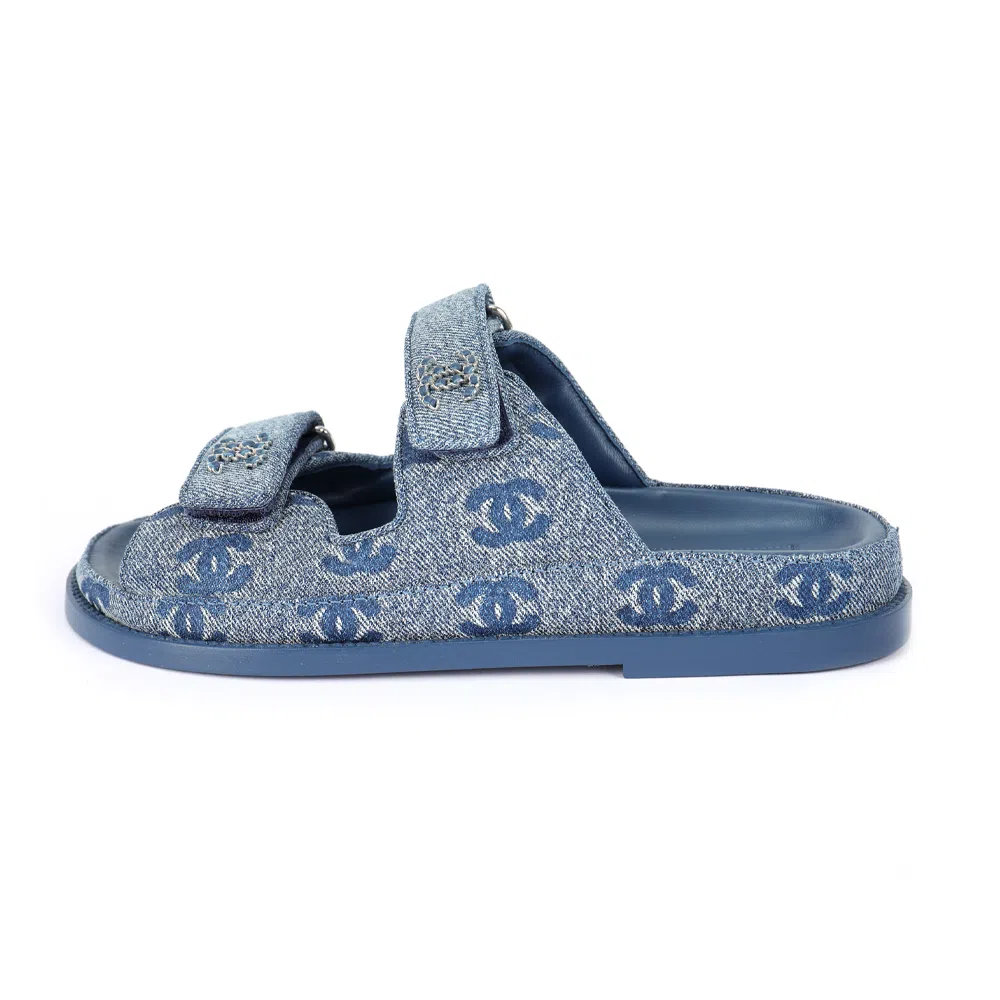 CHANEL Miel Denim Flat Sandals Blue