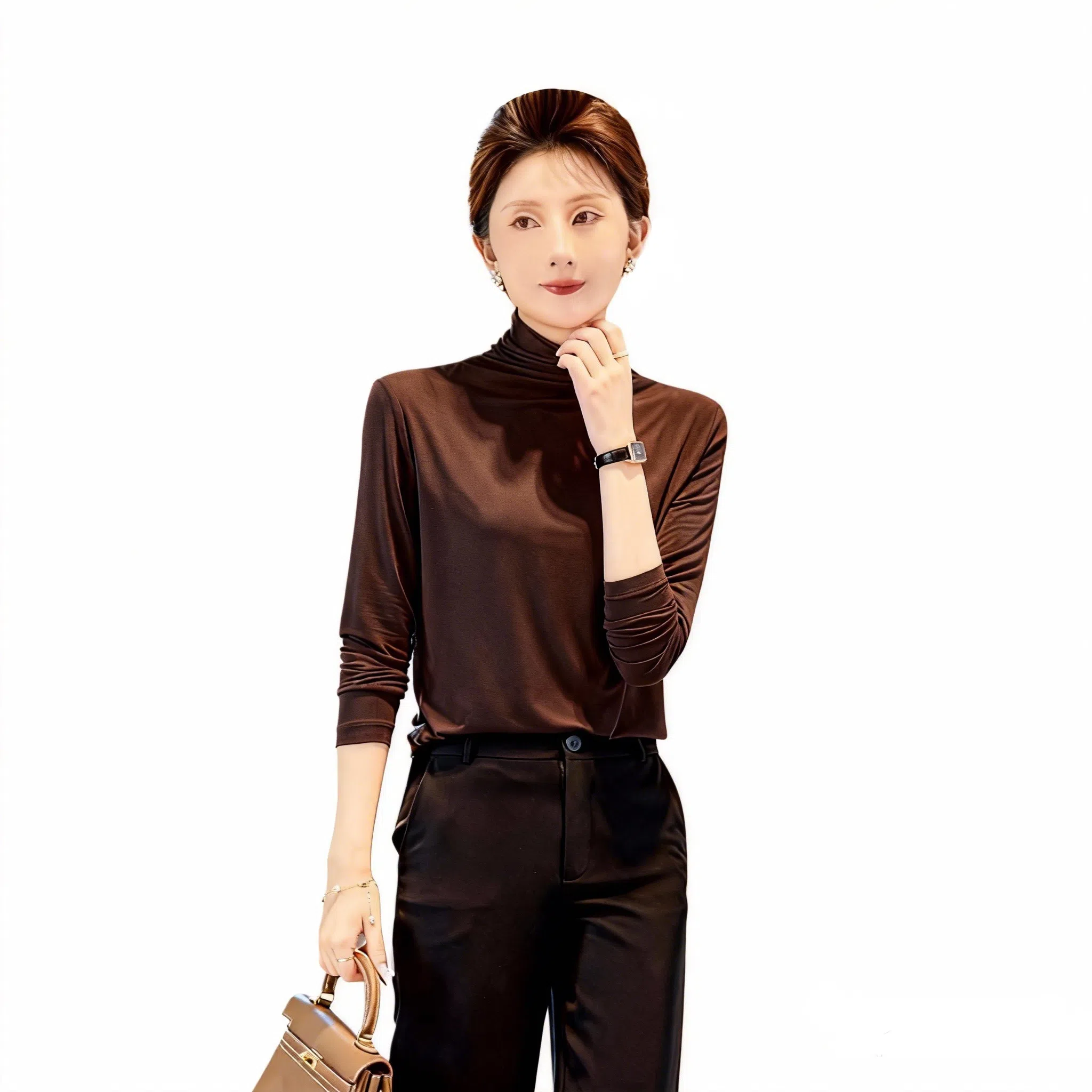 【dme】 纯色修身半高领长袖针织衫 女款 赭石