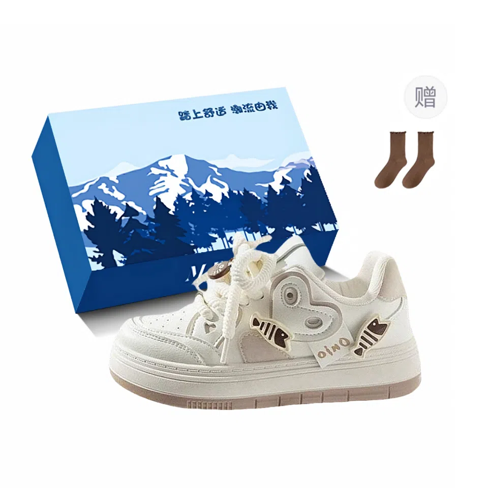 小鹿米利 猫猫鱼爱心学生百搭运动 透气 板鞋 女款 米色