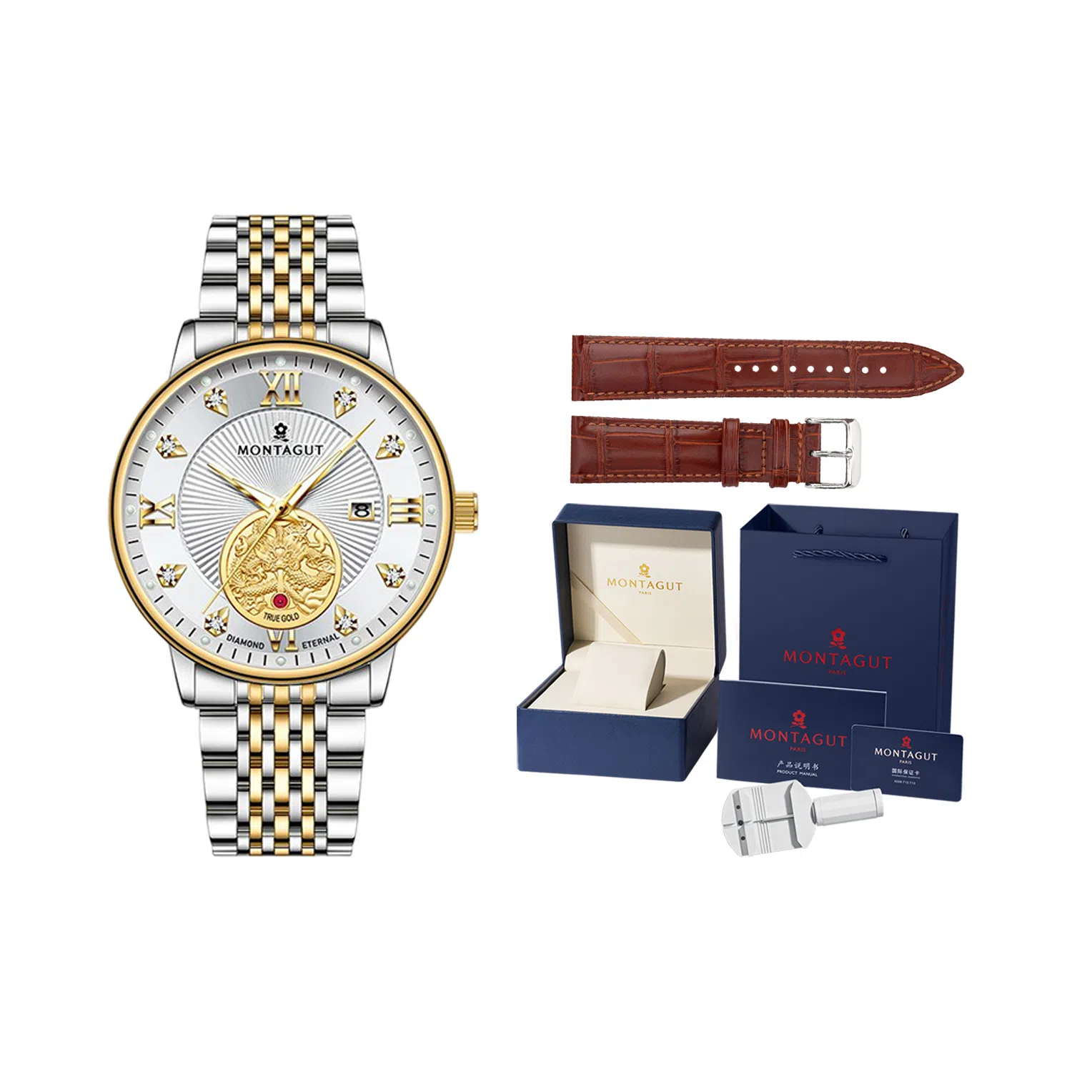 梦特娇 双龙戏珠系列 时尚上班族通勤商务百搭日期显示高级腕表罗马数字 自动机械机芯 精钢表带 国表 男表 白色表盘 学生党运动防水夜光