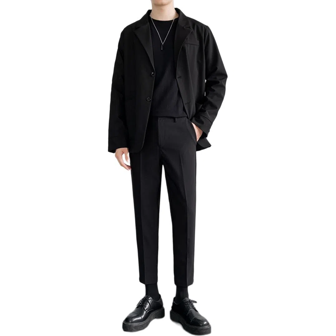 顶峰保罗 冰丝纯色通勤极简风西服外套内搭九分裤一整套宽松大码百搭简约时尚垂感英伦休闲西装套装 男女同款