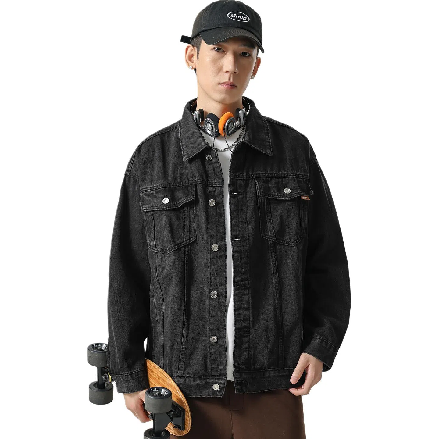 WOOD SOON Loose Collar Denim Jacket Black