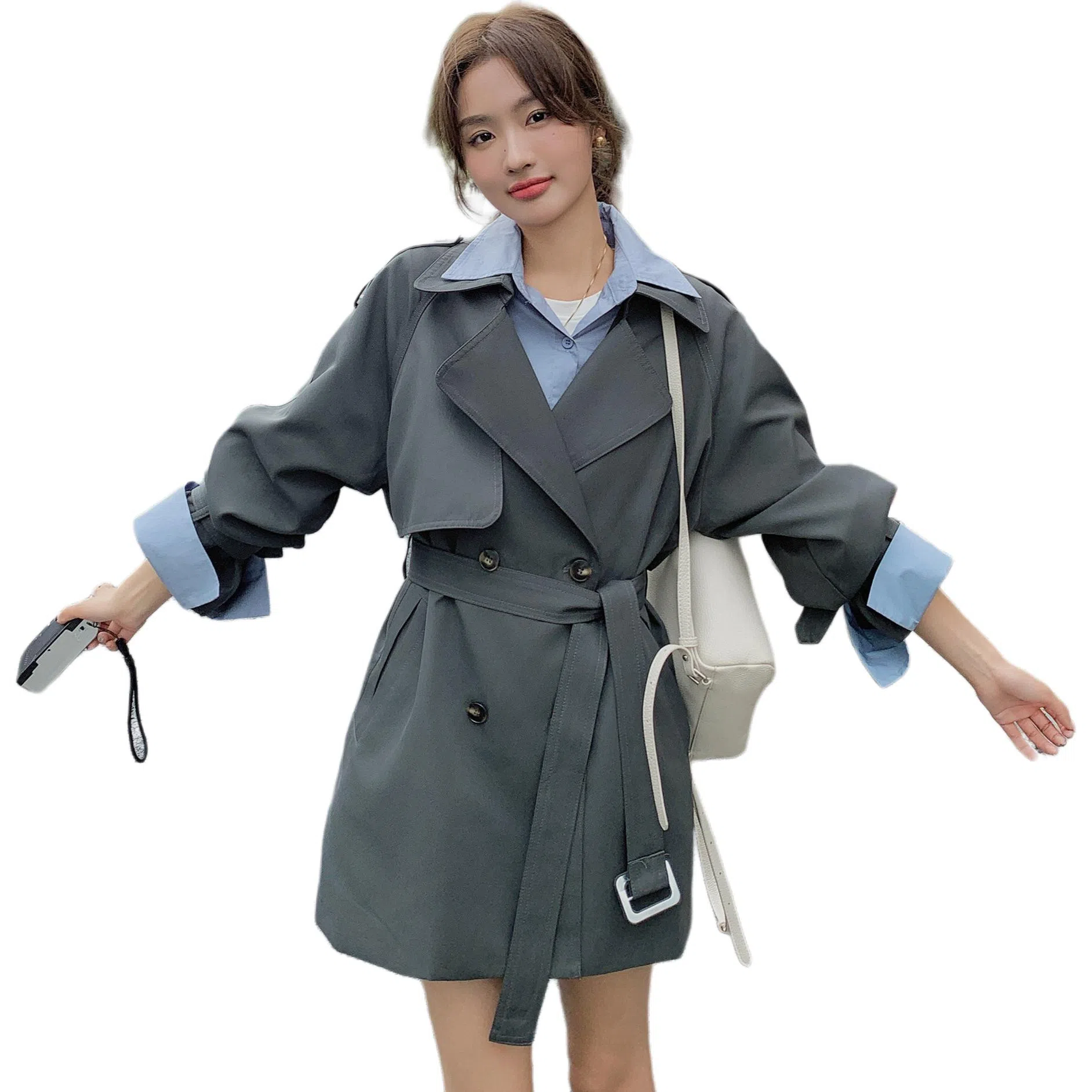 袋鼠 超火好看假两件拼接外套风衣 女款