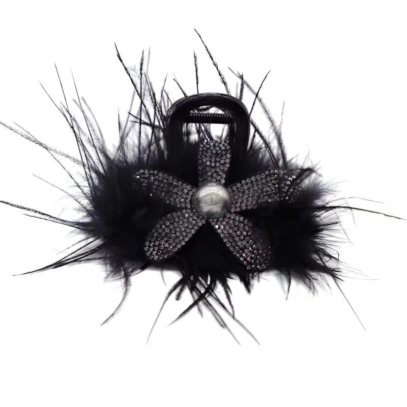 丹琴 花朵羽毛抓夹款秋冬后脑勺盘发猫猫鲨鱼夹子头饰 亚克力 发夹 女款