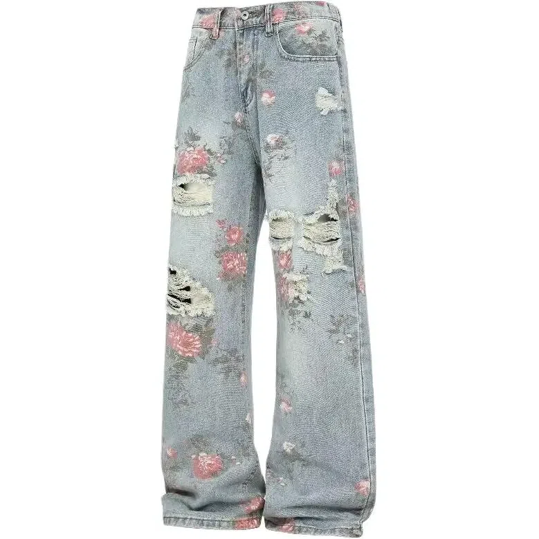 Unknown Brand Vintage Rose Jacquard Wide Leg Jeans