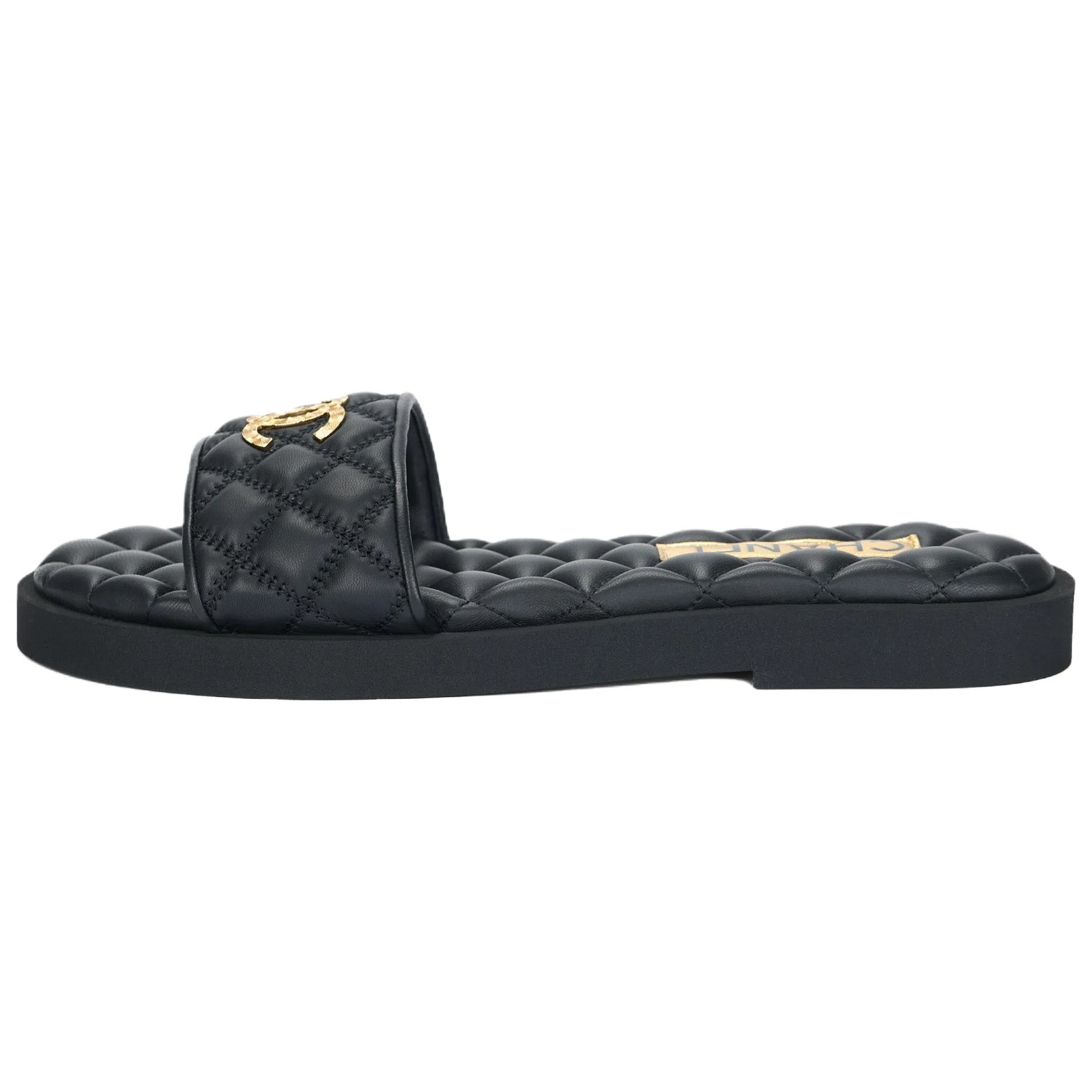 CHANEL Leather Open Toe Flat Sandals Black